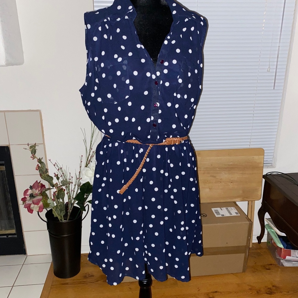 Blue and white polka dot dress